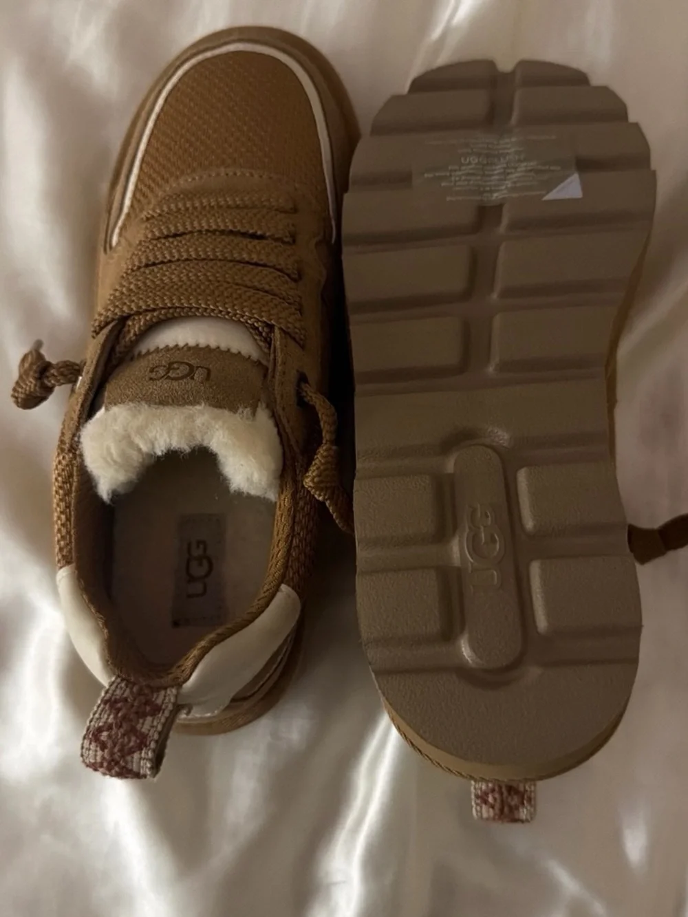 UGG Chestnut Brown Platform Lace-Up Sneakers with Shearling Trim
